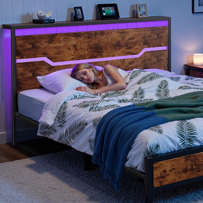 Full Size Bed Frame with LED Lights &amp Charging Station Bed Frame Full with Headboard13 Under Bed Storage Noise-Free Heavy Duty Metal Support Modern Brown