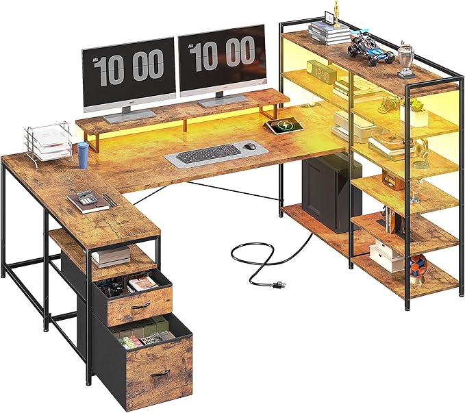 L Shaped Desk with Monitor Stand 63'' Reversible U Shaped Office Desk with 6 Tire Storage Shelves &amp 2 Fabric Drawers Gaming Desk with Power Outlet &amp LED Strip Rustic Brown