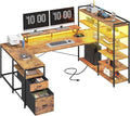 L Shaped Desk with Monitor Stand 63'' Reversible U Shaped Office Desk with 6 Tire Storage Shelves &amp 2 Fabric Drawers Gaming Desk with Power Outlet &amp LED Strip Rustic Brown