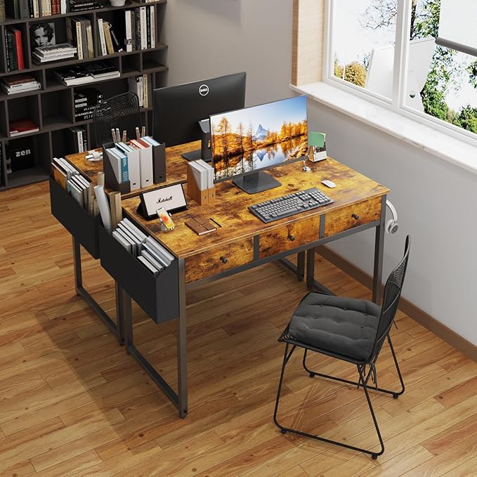 Lufeiya 40 Inch Desk with Drawers for Bedroom - 39 Inch Home Office Desks with 3 Fabric Storage Drawer and Pocket Study Writing Table Rustic Computer Desk Vintage Brown