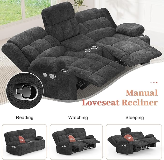 Recliner Sofa Set with 2+1 Pieces Fabric Manual Pull Tab Reclining Loveseat with Storage Console Single Recliner Chair for Living Room RV Grey