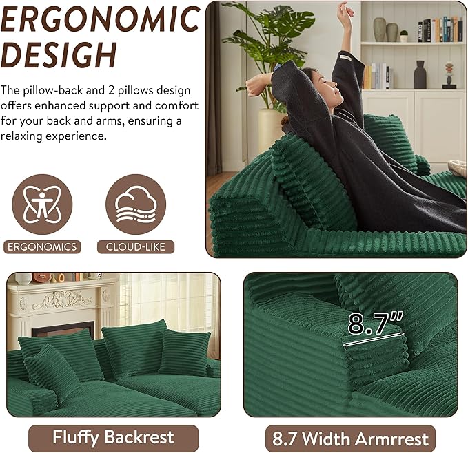 Oversized Double Chaise Lounge Chair IndoorWide Corduroy Boneless Chaise Lounges Sofa Comfy Upholstered Sectional Cloud Couch No Assembly Required Loveseat Sleeper Chair Bed for Living Room(Green)
