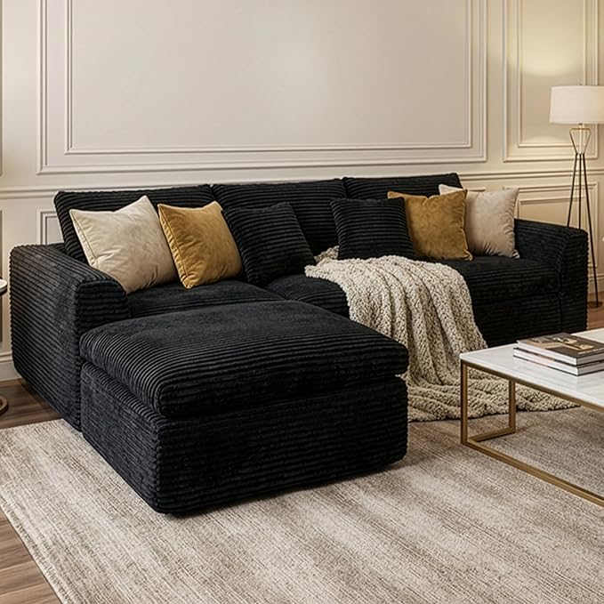 L-Shaped Corner Corduroy Sectional Sofa 4 Seat Modular Boneless Sofa Foam Cloud Couch with Movable Ottoman and Toss PillowsModern Deep Seat Convertible Chaise Sofa