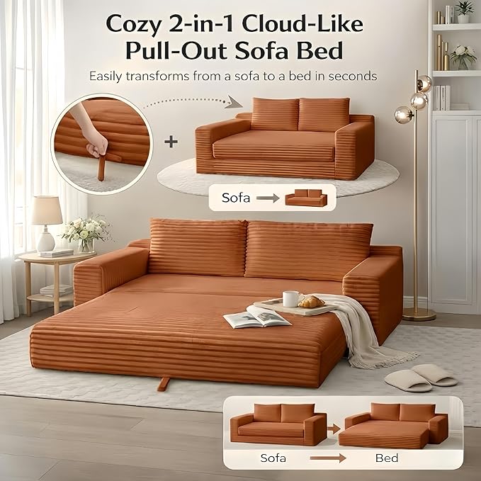 73 Convertible Sleeper Sofa Comfy Corduroy Foldable Sofa Bed with 2 Pillows Floor Sofa Lounge Couch in Box for Living Room Bedroom Lounge Studio No AssemblyOrange