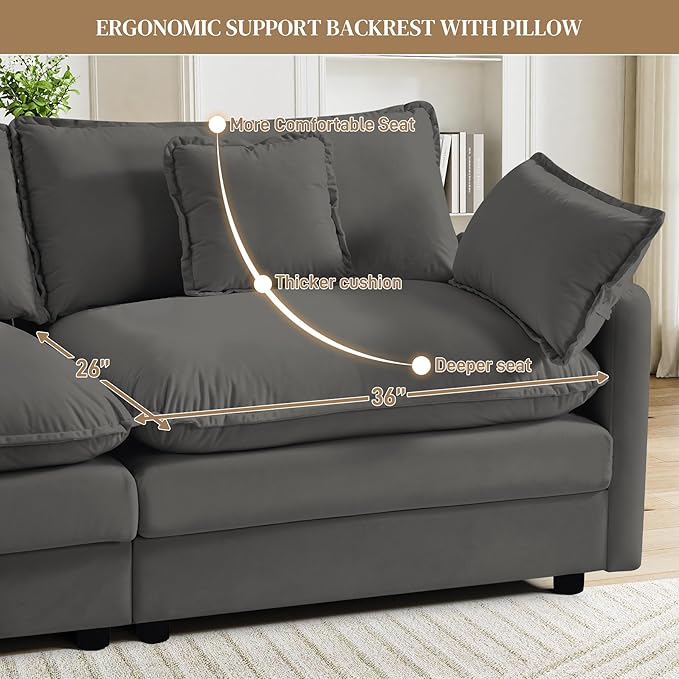 Cloud Couch Sectional Modular Sofa 150.4 Oversized U Shape Comfy Sectional Couches for Living Room 7 Seat Modern Chenille Deep Seat Cloud Sofa with Moveable Ottoman Grey