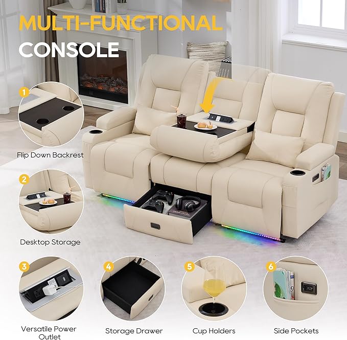 IPKIG Power Recliner Loveseat with Flip Middle Backrest Zero Wall Hugger Sofa Couch Faux Leather 3-Seater Sofa with LED Lights AC Outlets USB Ports Cup Holders Beige | Storage Drawer Electric C