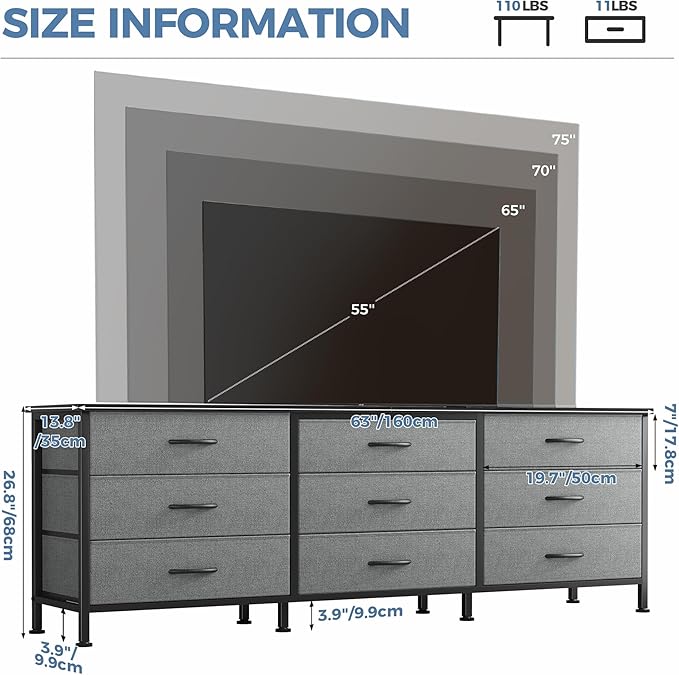 DUMOS TV Stands for Living Room Furniture with 9 Fabric Drawers Long Entertainment Center Up to 75 Inch TV Media Console Table with Storage for Bedroom Adjustable Feet Grey.