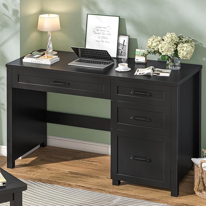 Vabches Farmhouse 47 Executive Desk with 4 Drawers Computer Desk with File Drawer Workstation for Home Office Study.（Pure Black）