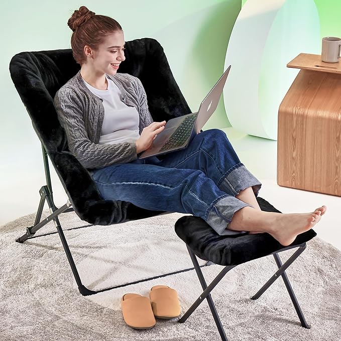 Walsham Folding Comfy Chair with Ottoman Faux Fur Soft Cozy Lounge Reading Papasan Chair with Footrest for Adults Kids Bedroom Living Room Dorms Small Space Black