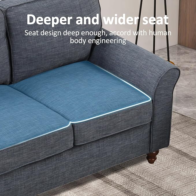 EBELLO Modern Linen Fabric Loveseat Sofa Upholstered 2-seat Sofa Couch Wood Frame and Sturdy Legs for Living Room Bedroom Office Dark Blue