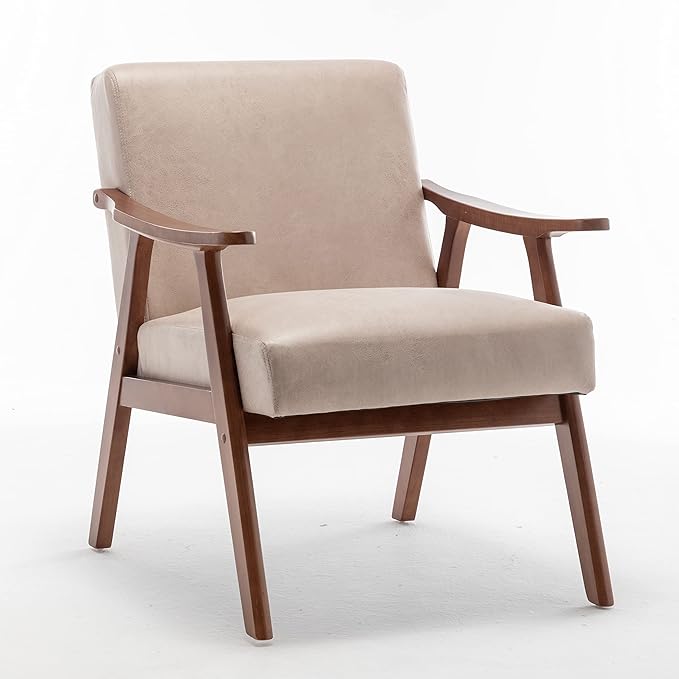 Living Room Chair with Solid Wood Frame Mid Century Modern Chairs Beige Accent Chair Extra-Thick Backrest Wingback Chairs for Bedroom Reading Room Living Room Lounge Recliner Indoor