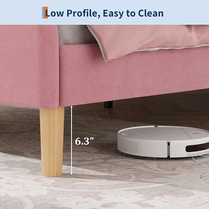 IDEALHOUSE Queen Size Bed Frame with LED Lights Velvet Upholstered Platform Bed with Adjustable Headboard for Kids/Girls Wooden Slats Support No Box Spring Needed Pink
