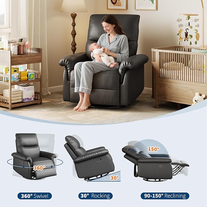 IDEALHOUSE Manual Recliner Chair 360° Swivel Rocker Glider Recliner with Padded Armrests Modern PU Leather Upholstered Reclining Chair for Living Room Bedroom and Nursery (Dark)