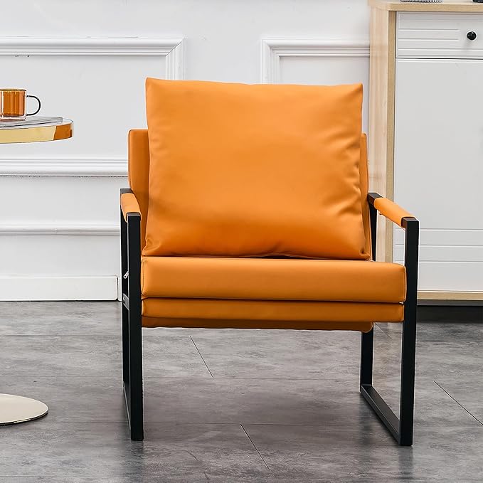PU Leather Accent Arm Chair Mid Century Modern Upholstered Armchair with Metal Frame Extra Thick Padded Backrest and Seat Cushion Sofa Chairs for Living Room (Orange PU Leather Metal Frame Foam)
