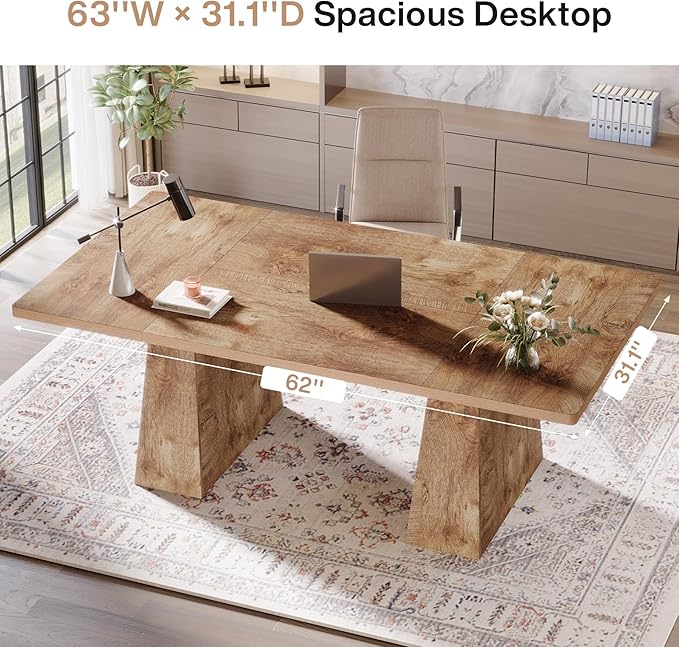 Tribesigns 63-Inch Executive Desk Large Office Computer Desk with Double Pedestal Modern Simple Workstations Writing Table Conference Table Business Furniture for Home Office Natural