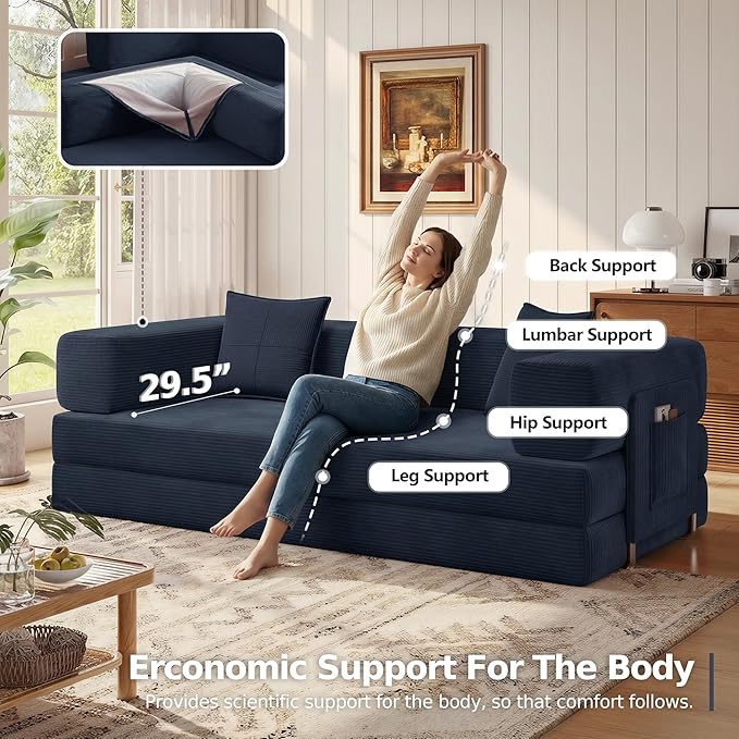 MoonSpeak 78.8''Sleeper Couch Bed for LivingroomConvertible Modular Sofa with Armrest PillowModular Foldable Corduroy Couches in a BoxNo Assembly (Blue)