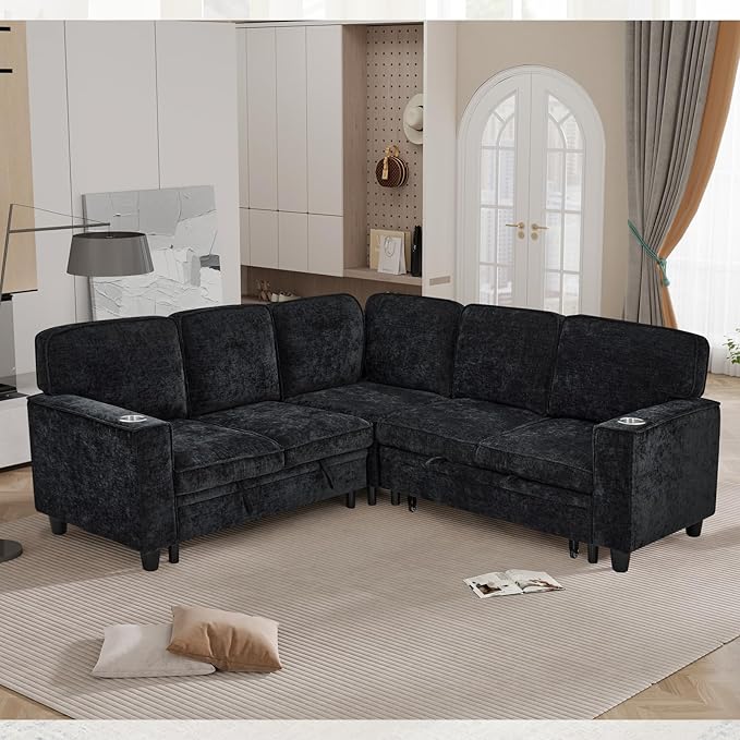 L-Shaped Sofa with Pull Out Sofa Bed Sleeper Sofa Couch Bed with Storage Seat 5 Seat Sectional Sofa with USB and Cup Holder for Living Room Apartment (Black-2.11)