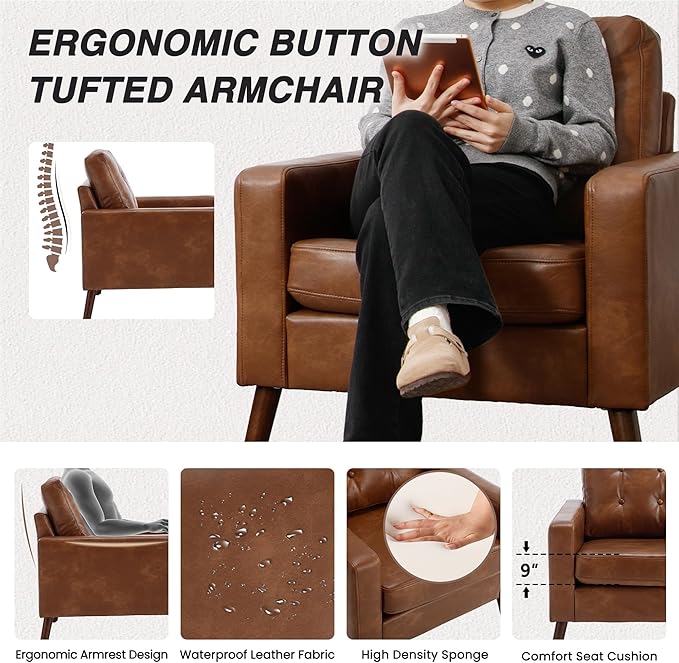 HNY Set of 2 Mid Century Modern Armchair Button Tufted Faux Leather Accent Chair with Arm Upholstered Club Chair for Living Room Bedroom Rubber Wood Legs Caramel 29.1D x 32.3W x 33.1H Inch