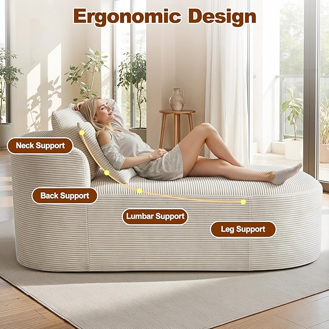 Chaise Lounge Chair Indoor 67.5 Oversized Boneless Couch Could Comfy Upholstered Sleeper Sofa Bed Corduroy Plush Modern Curved Floor Sofas Chair with 2 Pillows for Readng Living Room Bedroom Apartment