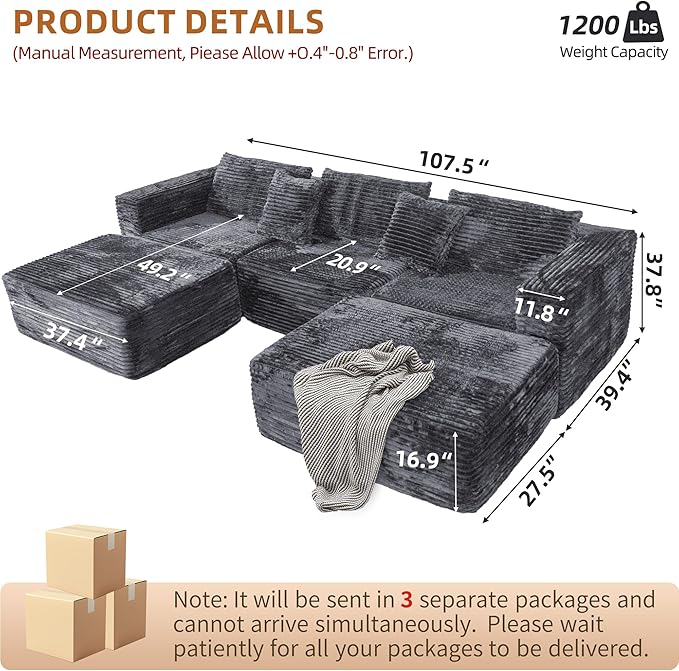 110 Modular Sectional Boneless Sofa with 2 Ottomans Corduroy U-Shaped Modular Sectional Sofa Convertible Cloud Couch with Deep Seats No Assembly Required (Grey 110 3Seat+2 0ttoman)