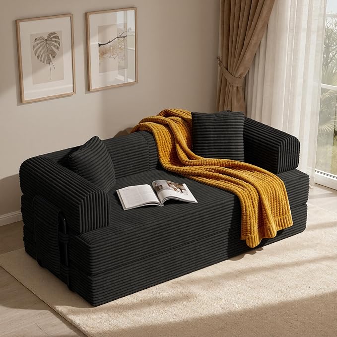 Convertible Corduroy Sleeper Sofa Bed with Cylindrical Pillow Folding Mattress Couch with Fixed-Shape Frame Floor Sofa Lounge Couch for Living Room Bedroom Lounge Studio Black