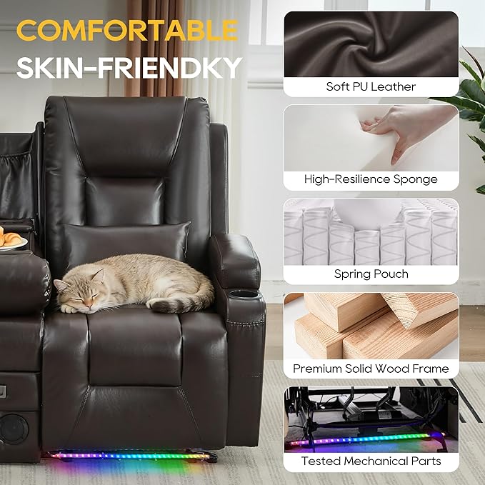 IPKIG Power Recliner Loveseat with Console Zero Wall Hugger Sofa Couch PU Leather 2-Seater Sofa with LED Lights AC Outlets USB Ports Brown | Storage Drawer Bluetooth Speaker Living Room Chair