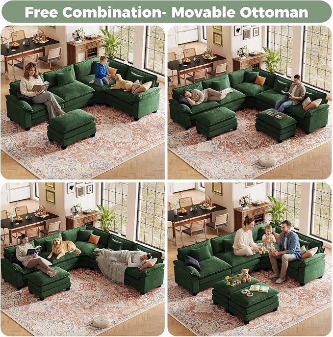 CDCASA 117 Oversized L-Shaped Modular Sectional Cloud Couch with Corner Comfy 4-Seat Sofa Chenille Deep Seat Modern Sofa Couch for Living Room Apartment DIY Combination Green