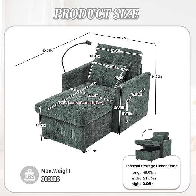 32 Comfy Chaise Lounge Sofa Bed Chair with Storage Side Pockets Phone Holder &amp 2 Pillows Modern Chenille Upholstered Sleeper Sofa Leisure Chair for Living Room Bedroom Small Spaces (Emerald)