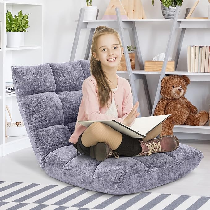 Giantex Folding Floor Chair with Back Support 14 Adjustable Position Padded Sleeper Bed Couch Recliner Gaming Floor Chairs for Adults Meditation Living Room (Grey)