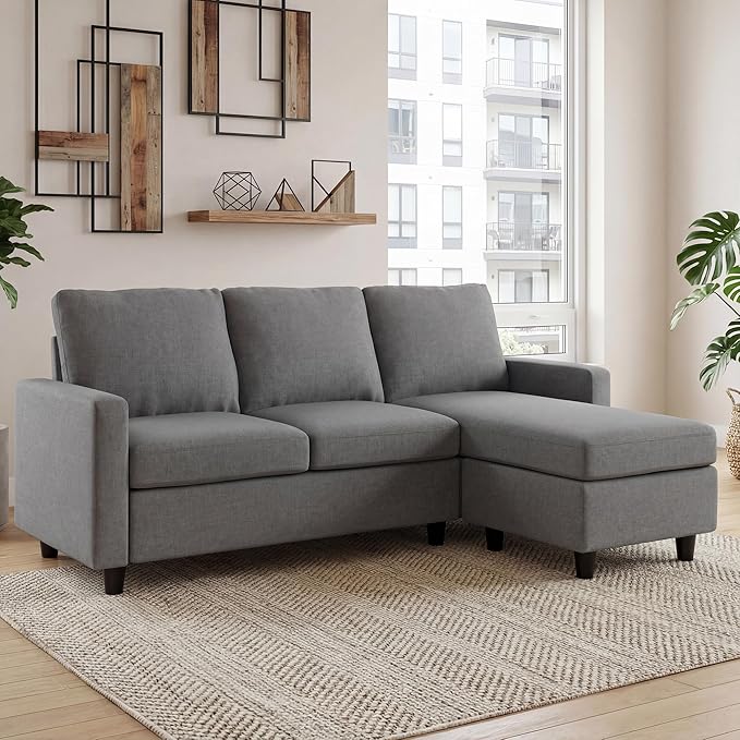 L Shaped CouchReversible Sofa with Linen FabricConvertible Sectional Sofa for Small Space Linen Grey