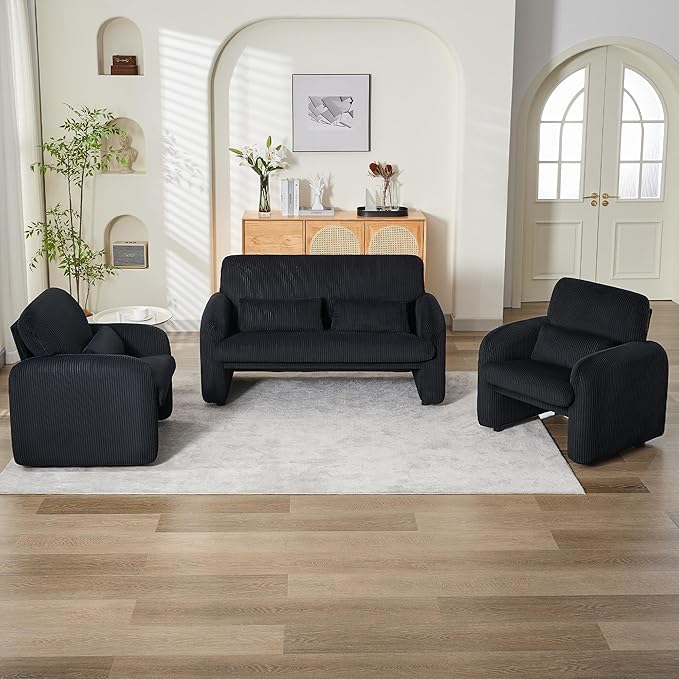 Corduroy Accent Living Room Sets Modern Upholstered Love Seat with 2 Accent Chairs Wide Comfy Leisure Chair Sets for Bedroom Office Black