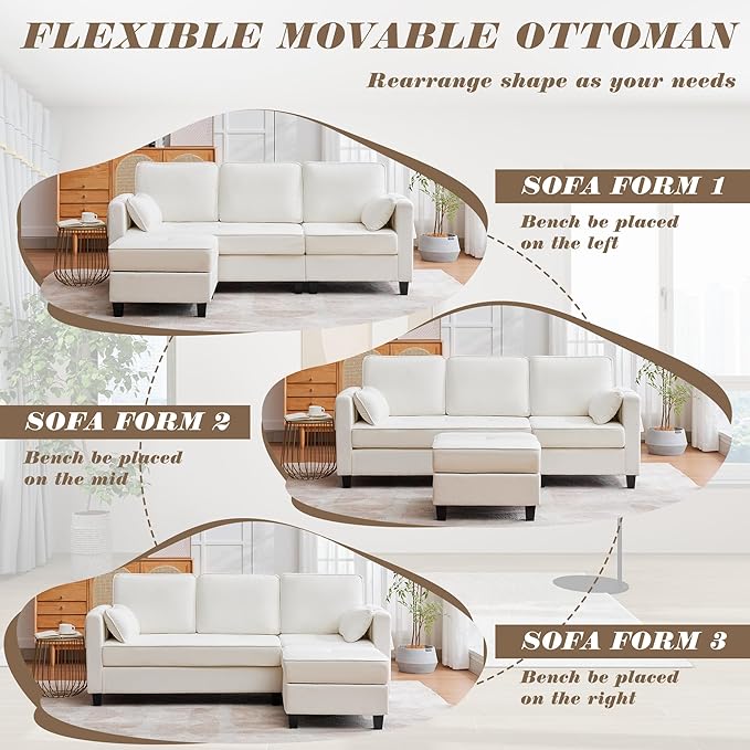 MAGIC UNION Convertible Sectional Couches for Living Room - Small Space Couches L-Shaped Sofa Upholstered 3 Seats Sofas W/Storage Chaise USB Ports Side Pockets and Pillows (Corduroy Fabric White)