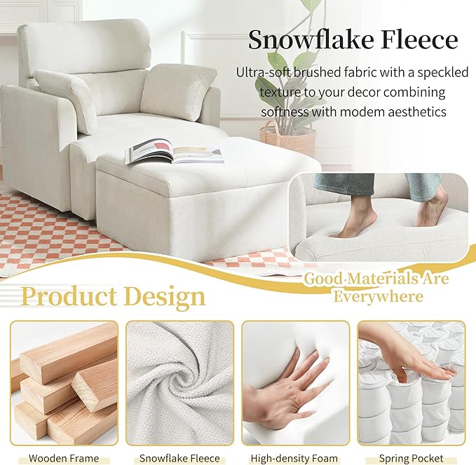 Modern Oversized Accent Chair with Storage Ottoman &amp Side Pillows Snowflake Fleece Upholstered Chaise Lounge Chair Deep Seat Reading Chair for Living Room 350lbs Capacity