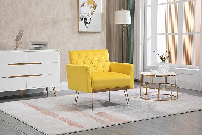 Velvet Accent Chair Upholstered Living Room Accent Armchair Leisure Single Chairs with Rose Golden feet Tufted Sofa Chairs for Home Office Living Room Bedroom Small Space (Mustard)
