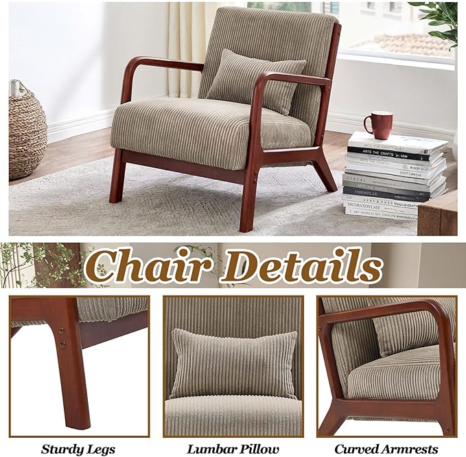 Modern Accent Chairs with Waist Cushion Comfy Upholstered Chair Living Room Corduroy Reading Chair with Solid Wood Frame Side Chairs for Living Room Bedroom Sunny Room Balcony (Camel)