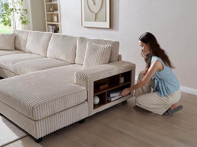 79.5 Oversized Corduroy Modular 2-Seat Sectional Couch with Extra-Wide Armrest Storage and Double Chaise Lounge Modern Convertible Sleeper Sofa for Living RoomBeige