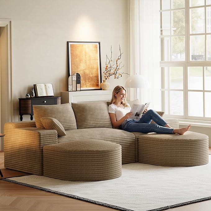 108 Modular Sectional Sofa Cloud Couch for Living RoomU Shaped Comfy Fluffy Light Brown Boneless Couches with 2 Curved OttomansModern Plush Corduroy Memory Foam Floor Couch with Chaise