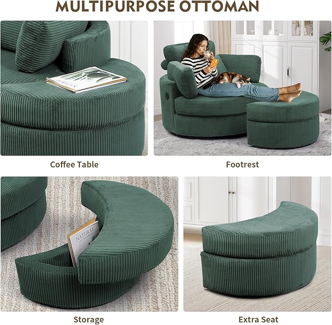 Oversized Swivel Chair with Ottoman 41.3 Swivel Accent Chair Barrel Chairs with USB Charging Port Round Chaise Lounge Indoor with 4 Pillow Reading Chairs for Living Room (Corduroy Olive Green)
