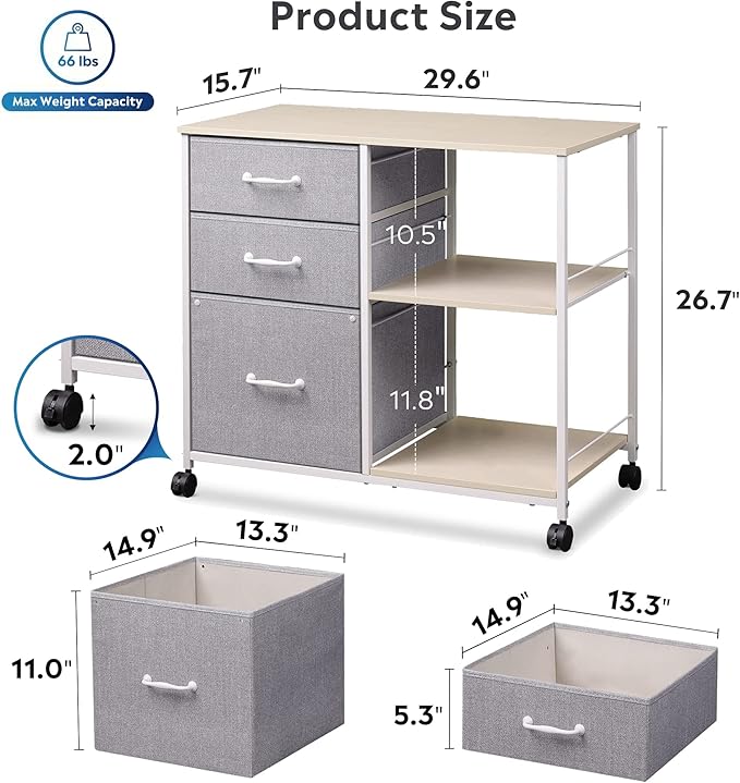 DEVAISE 3 Drawer Mobile File Cabinet Rolling Printer Stand with Open Storage Shelf Fabric Lateral Filing Cabinet fits A4 or Letter Size for Home Office Light Grey