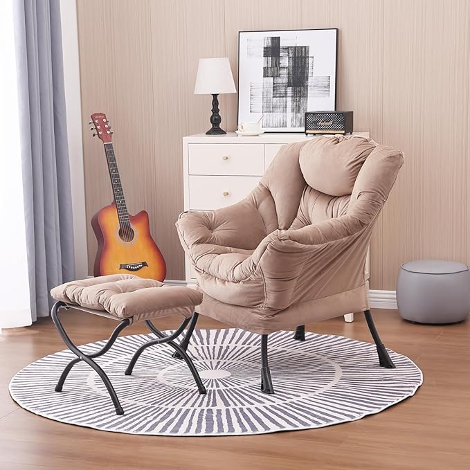Lazy Chair and Ottoman Large Velvet Brown Accent Chair with a Side Pocket Modern Leisure Upholstered Sofa Reading Armchair with Footrest for Office Bedroom Living Room Dorm Rooms Balcony