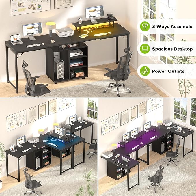 Cyclysio L Shaped Gaming Desk with Wood Cabinet 58 Large Corner Desk with LED Lights &amp Power Outlet Reversible Computer Desks with Computer Tower Stand 2 Person Desks for Home Office Black