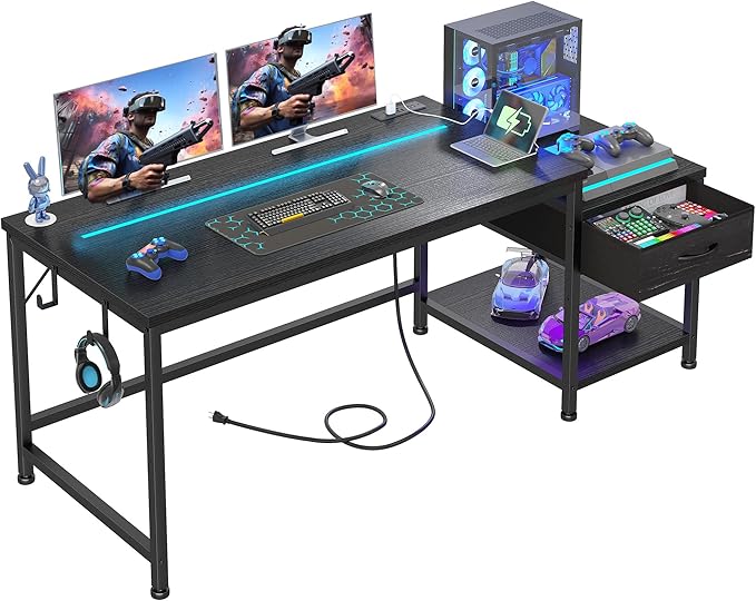 56 Inch Gaming Desk with Drawers and ShelfReversible Computer Desk with LED Lights and Power OutletsStudy Table with Hooks for HeadphoneBagsBlack Desk Work Desk for BedroomDorm