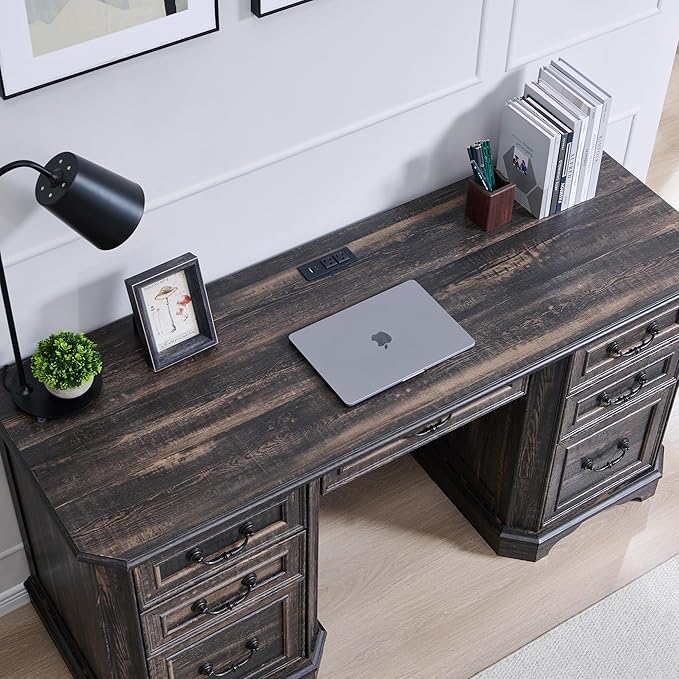 RedLemon 60 Executive Desk with DrawersWood Home Office Desk Featuring Keyboard TrayCharging StationFile Drawer Storage Cabinetfor Work and Study (Dark Rustic Oak)