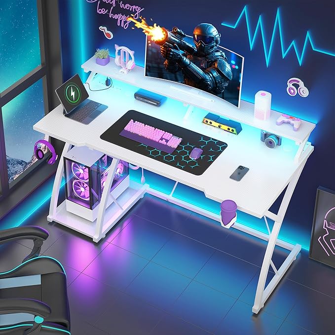 48 inch Gaming Desk with LED Lights &amp Power Outlet Computer Desk with Monitor Shelf &amp Mouse Pad &amp Cup Holder Ergonomic Carbon Fiber Gaming Table PC Work Home Office Desks PC TableWhite