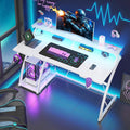 48 inch Gaming Desk with LED Lights &amp Power Outlet Computer Desk with Monitor Shelf &amp Mouse Pad &amp Cup Holder Ergonomic Carbon Fiber Gaming Table PC Work Home Office Desks PC TableWhite