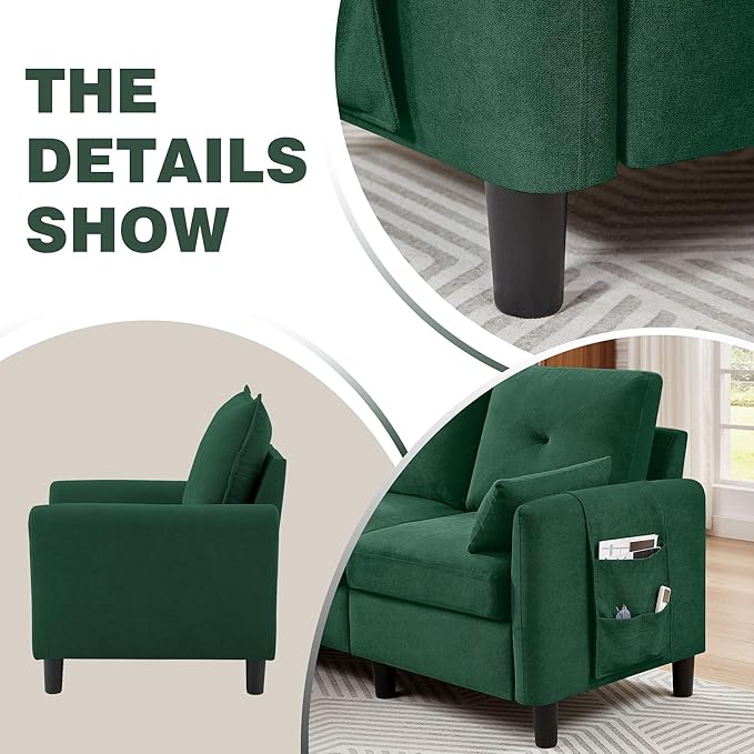 Convertible Sectional Sofa 77 Small L Shaped 3 Seat Couch with Reversible Storage Chaise and Accent Chair Set Modern Polyester Fabric Sofa Couches for Living Room Apartment Green