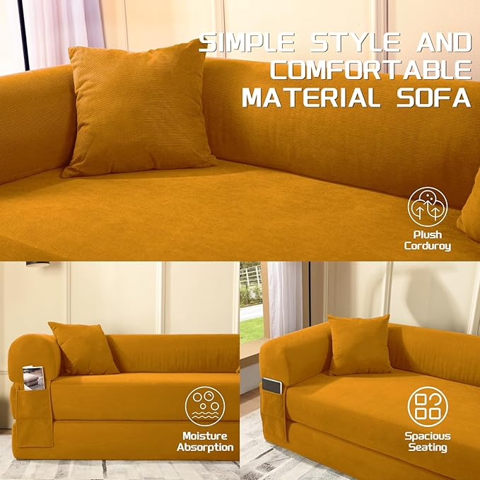 4-in-1 Folding Convertible Sofa Bed 80 Inch Corduroy Upholstered Boneless Couch Loveseat Sleeper with Pull Out Bed Floor Sofa Modular Futon Teddy Sofa for Living Room Bedroom Lounge Yellow