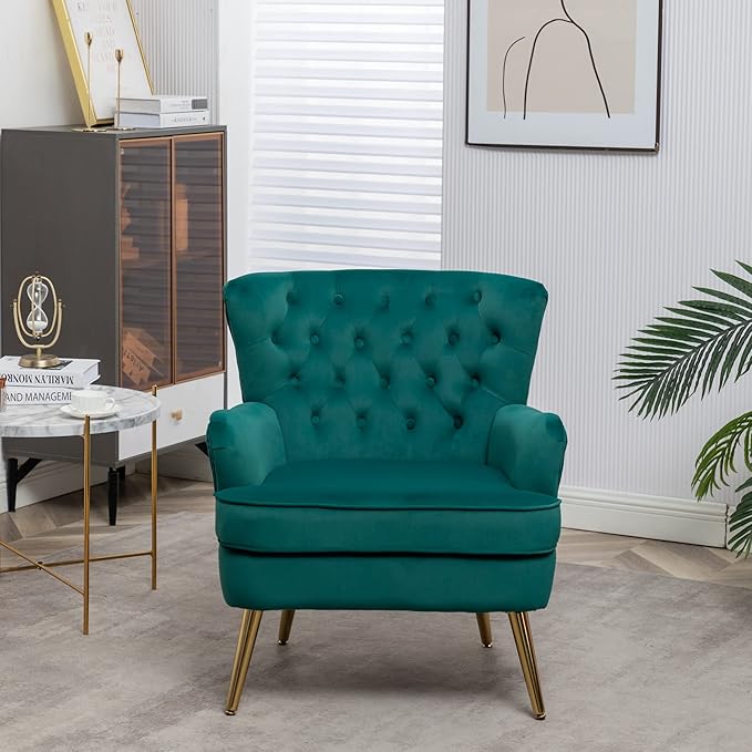 Living Room Chairs Button Tufted Accent Chairs Comfy Bedroom Chair Velvet Side Sitting Chairs Modern Fabric Sofa Slipper Chair for Reading Dark Green