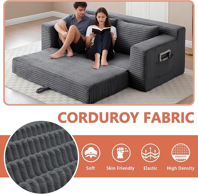 73“ Boneless Loveseat Couch 2 in 1 Pull Out Sleeper Sofa with Side Pockets &amp 2 Pillows Folding Convertible Corduroy Floor Couch for Apartment Living Room Bedroom No Assembly(Grey)