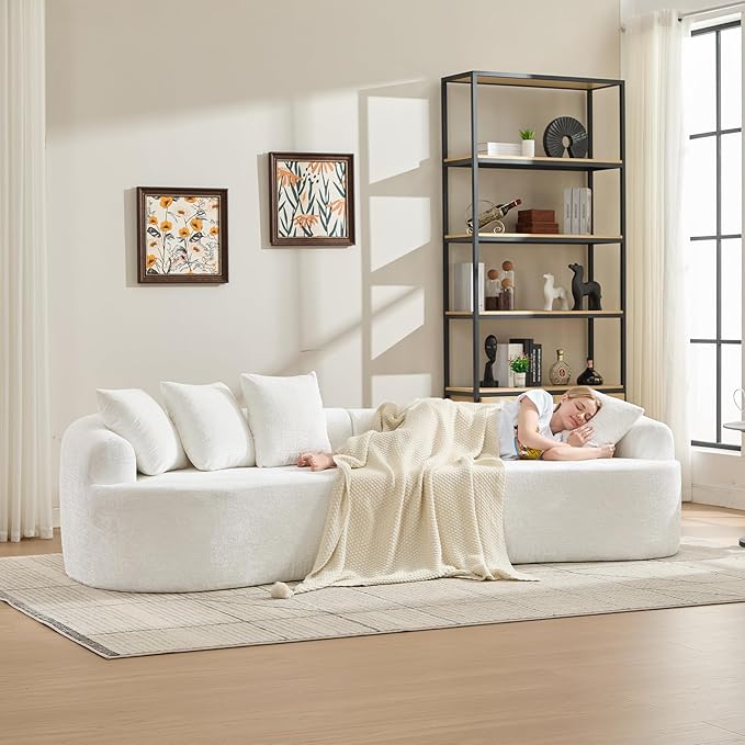 Curved Sectional Couch 110 Chenille Cloud Sofa with 4 Pillows 4-Seater Sleeper Sofa for Living Room Apartment Full Compression Sponge (Beige 110 Inch)